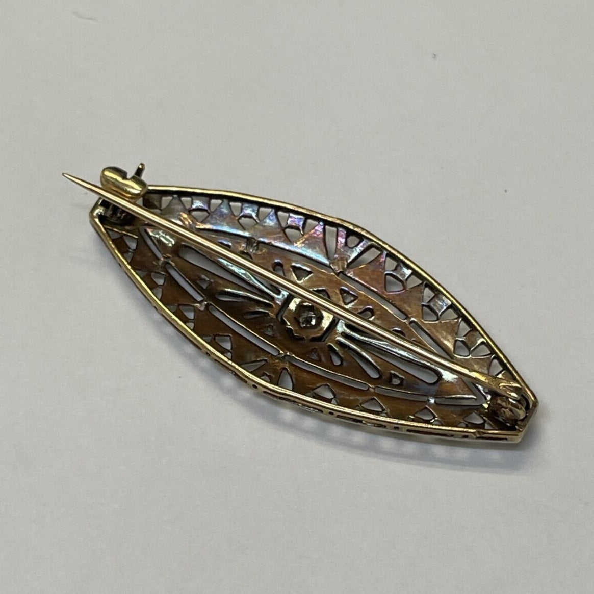 Art Deco Diamond 18K Yellow Gold and Platinum Antique Navette Shaped Pin Brooch
