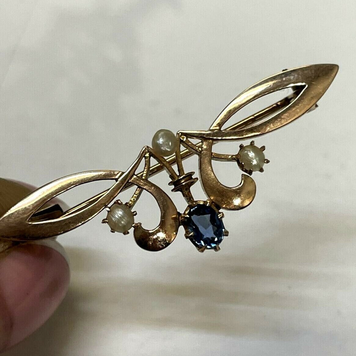 18K Rose Gold Art Nouveau Natural Sapphire and Pearl Brooch Pin