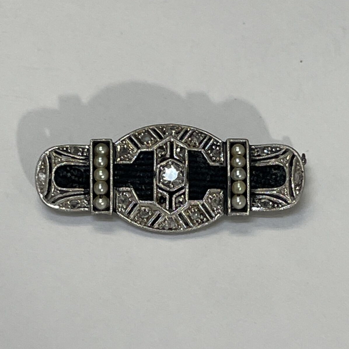 Art Deco Diamond Platinum Seed Pearl Black Cloth Antique Pin Brooch 1.4" x .50"