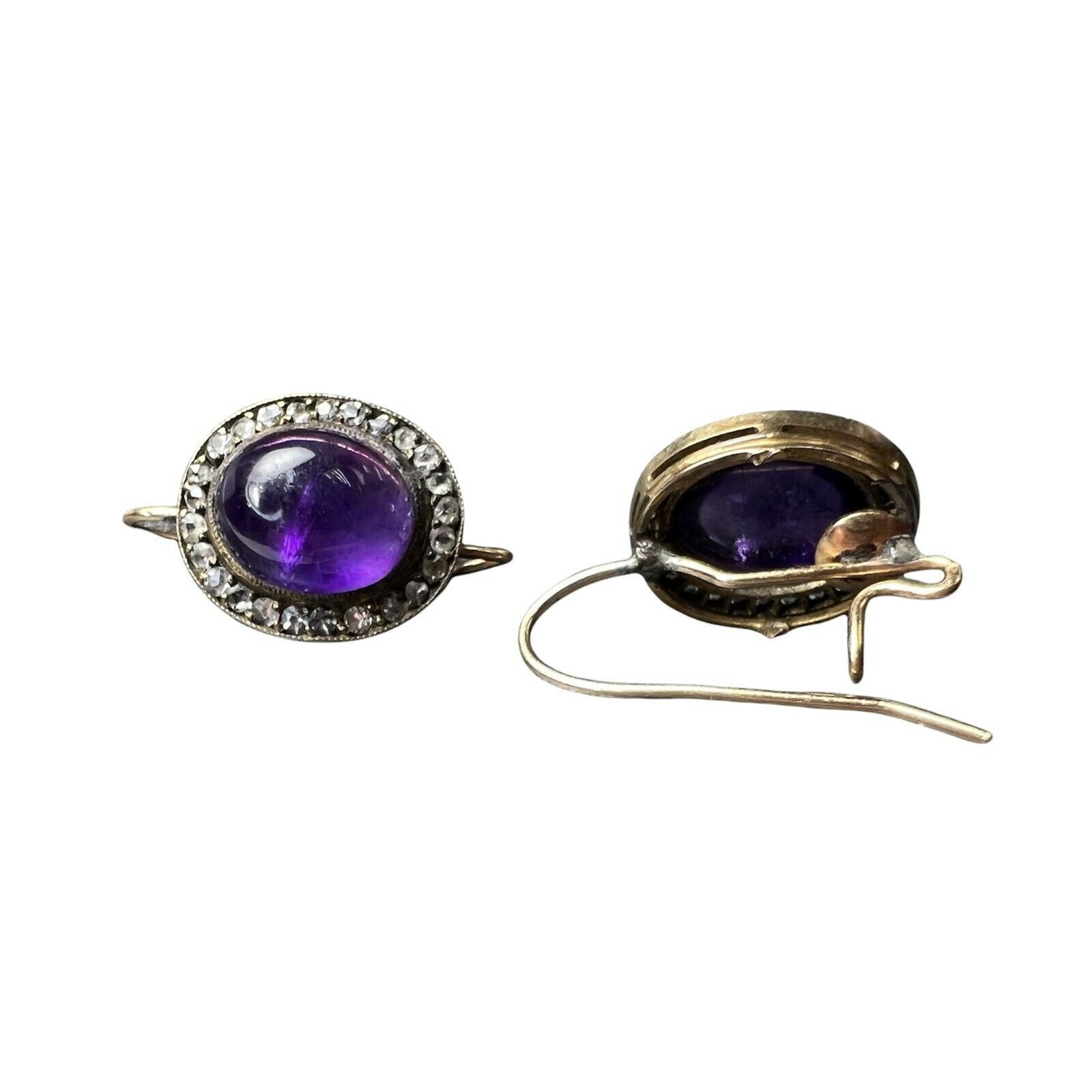 Victorian 14K Yellow Gold Cabochon Amethyst Old Mine Cut Diamond Earring