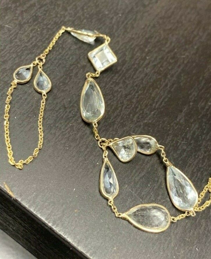 Natural Aquamarine Solid 14K Yellow Gold HandChain Bracelet 7.5"