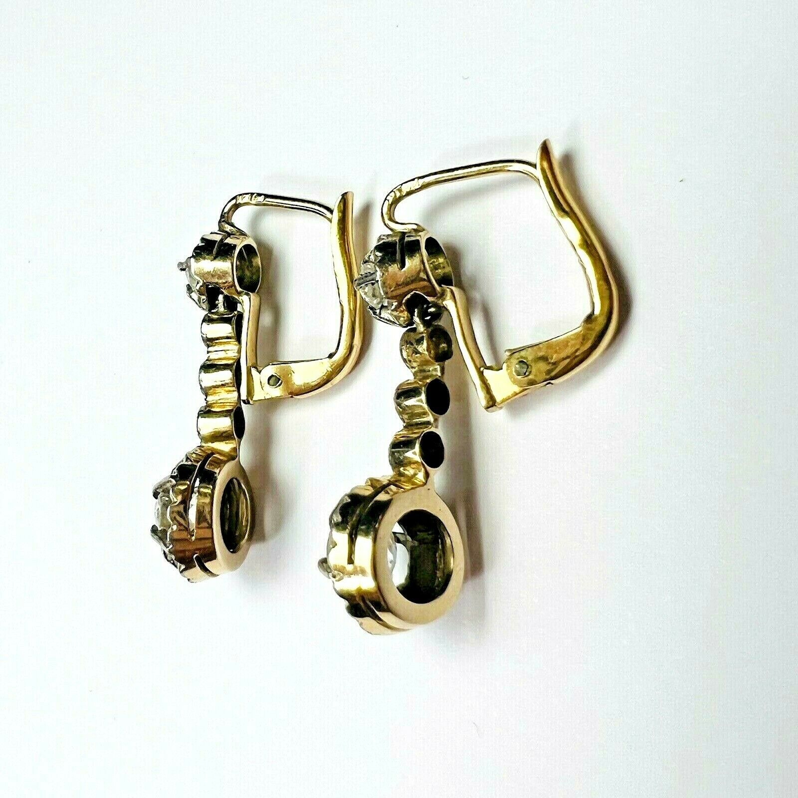 14K Yellow and White Gold Diamond Dangle Drop Lever Back Earring 1"