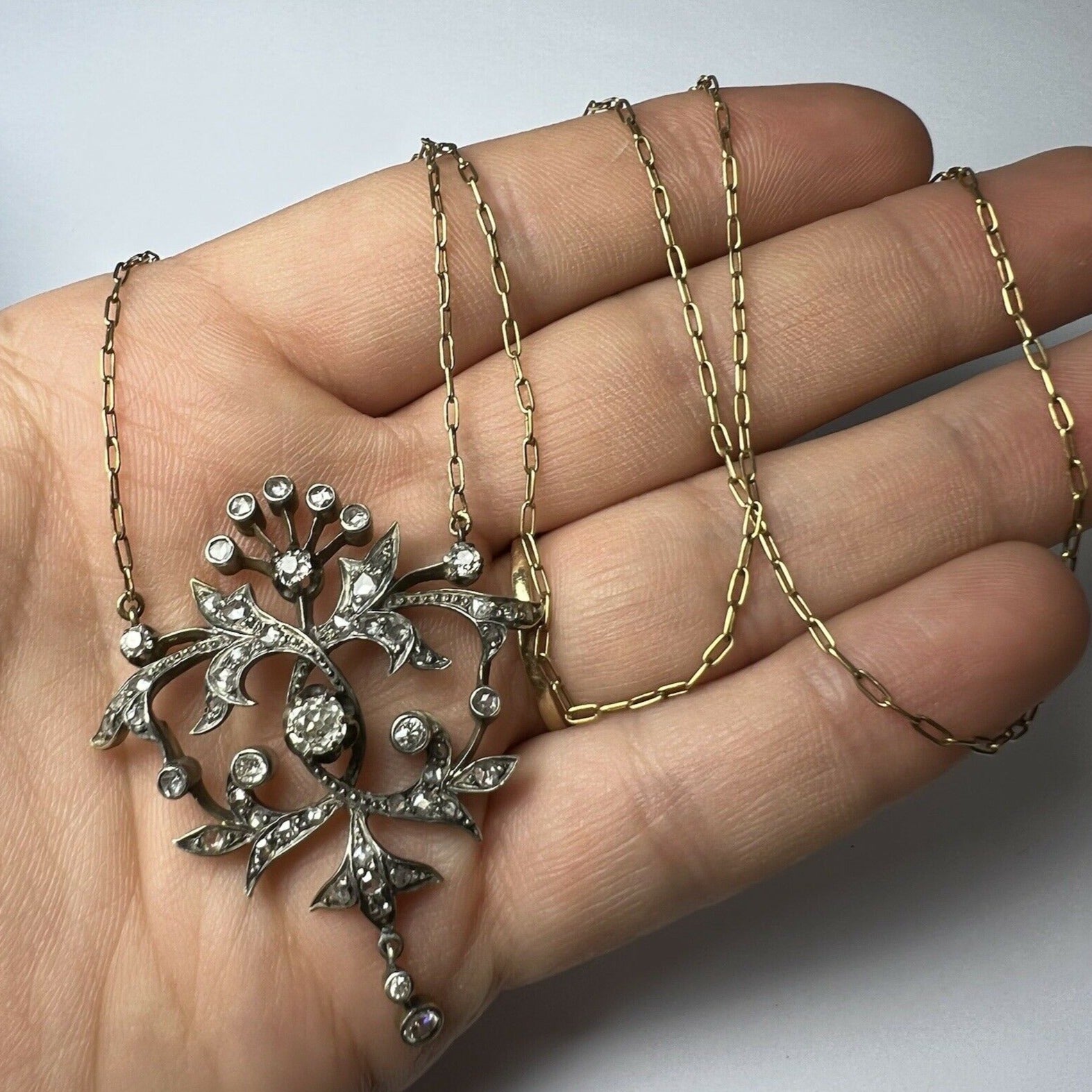Victorian 14K Gold Old mine & Rose cut Diamond Filigree Pendant Necklace 19"