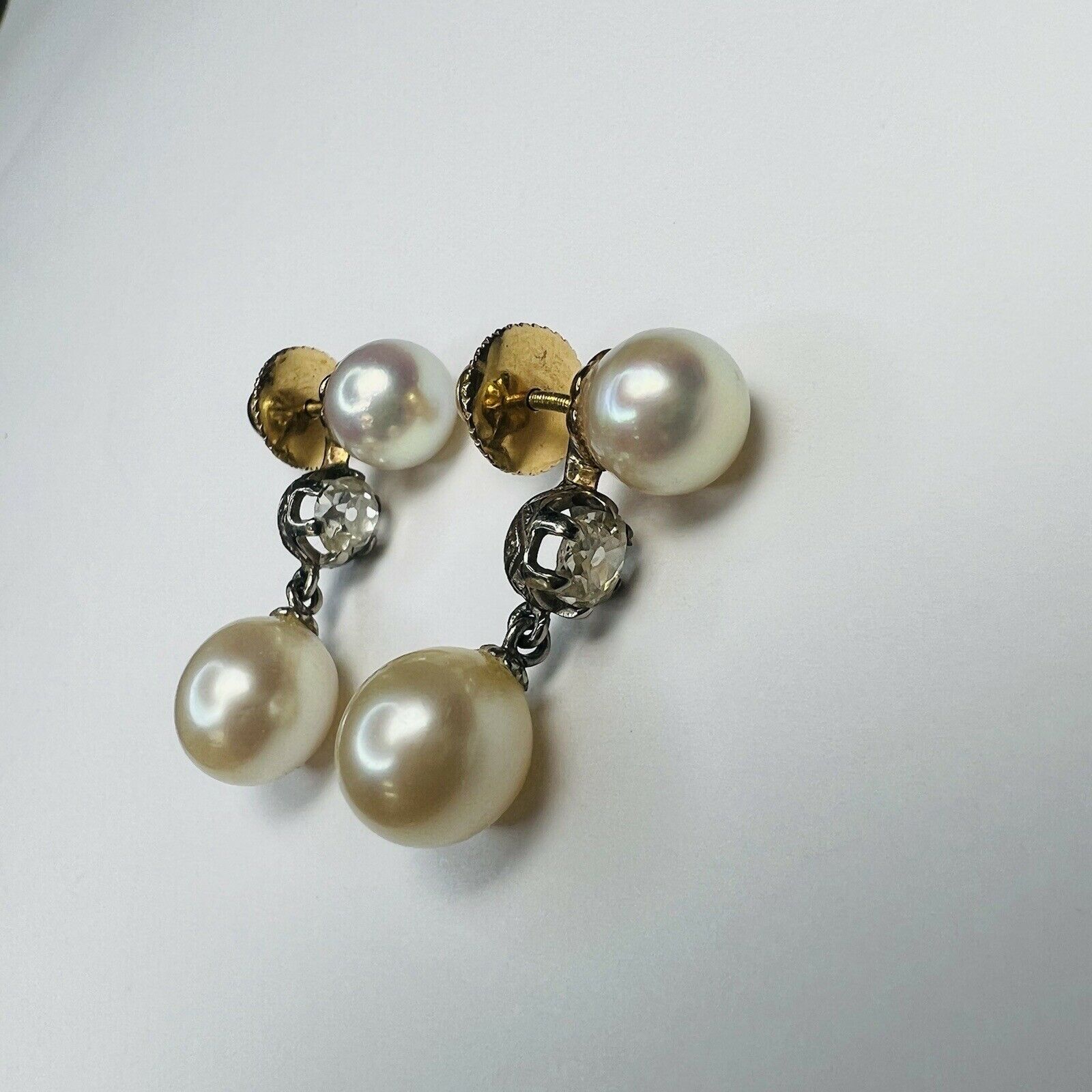 14K Yellow & White Gold Pearl and Diamond Dangle Drop Earring 1"