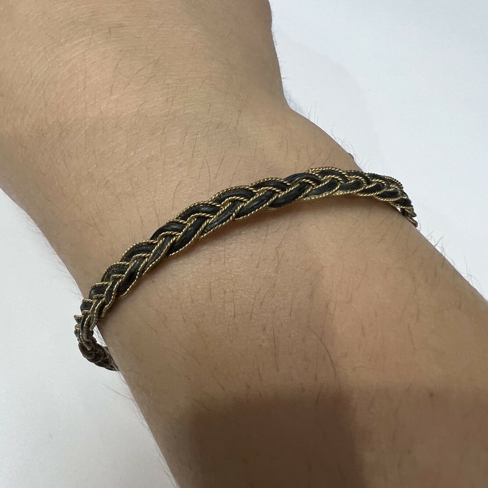 Solid 10K Yellow Gold and Hair Antique Bangle Slip-on Bracelet 7.8"