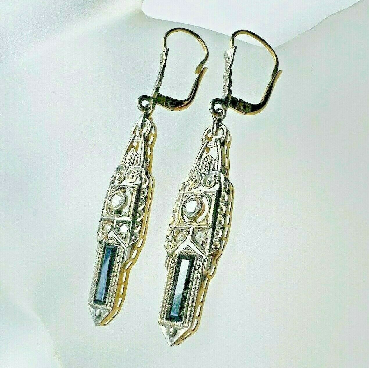 Art Deco 14K Gold Onyx & Diamond Filigree Dangle Drop Lever Back Earrings 1.75"
