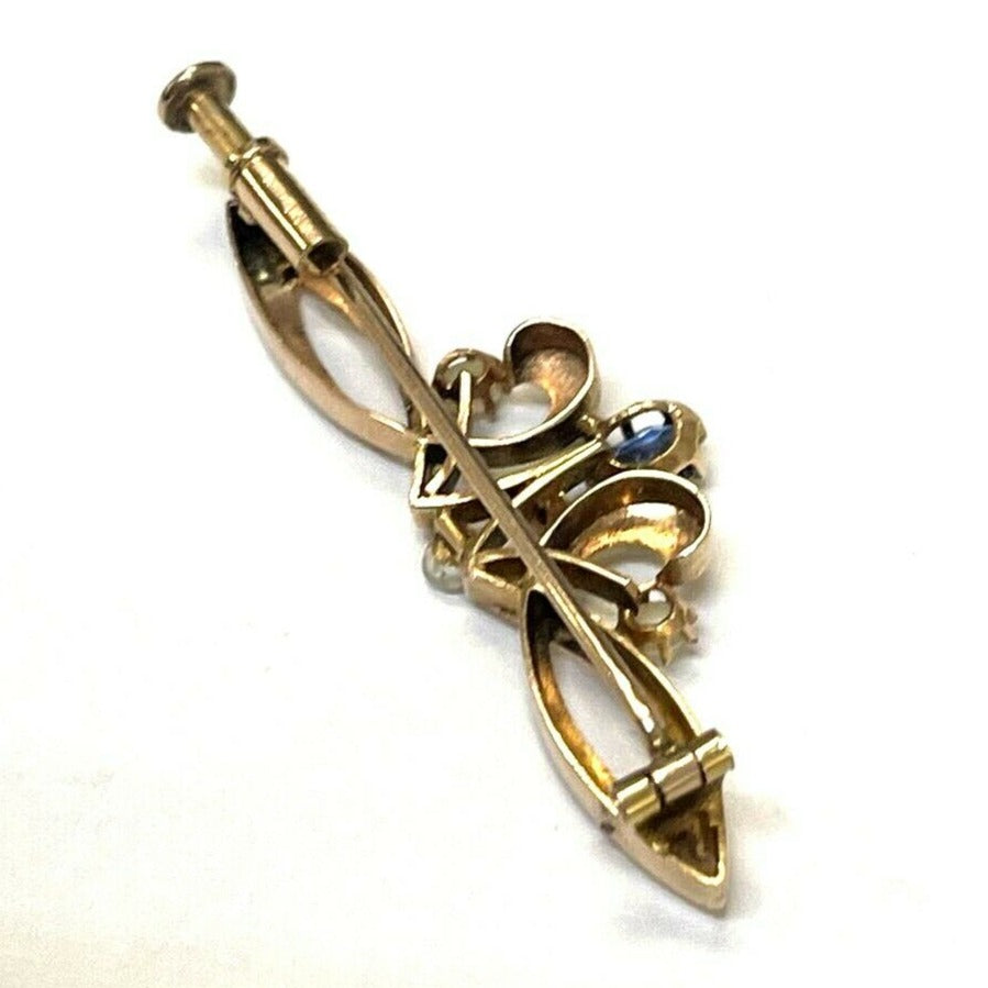 18K Rose Gold Art Nouveau Natural Sapphire and Pearl Brooch Pin