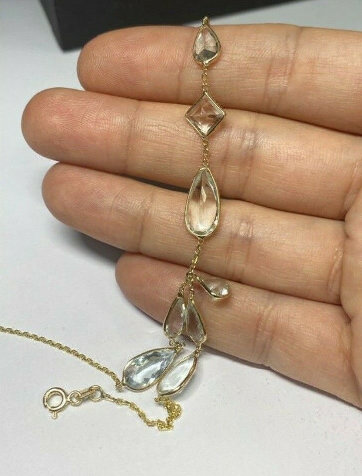 Natural Aquamarine Solid 14K Yellow Gold HandChain Bracelet 7.5"