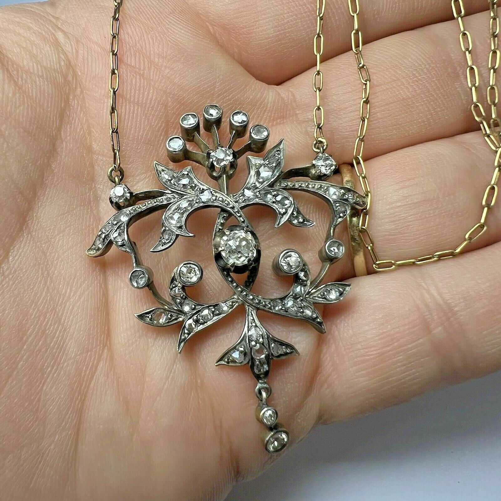 Victorian 14K Gold Old mine & Rose cut Diamond Filigree Pendant Necklace 19"