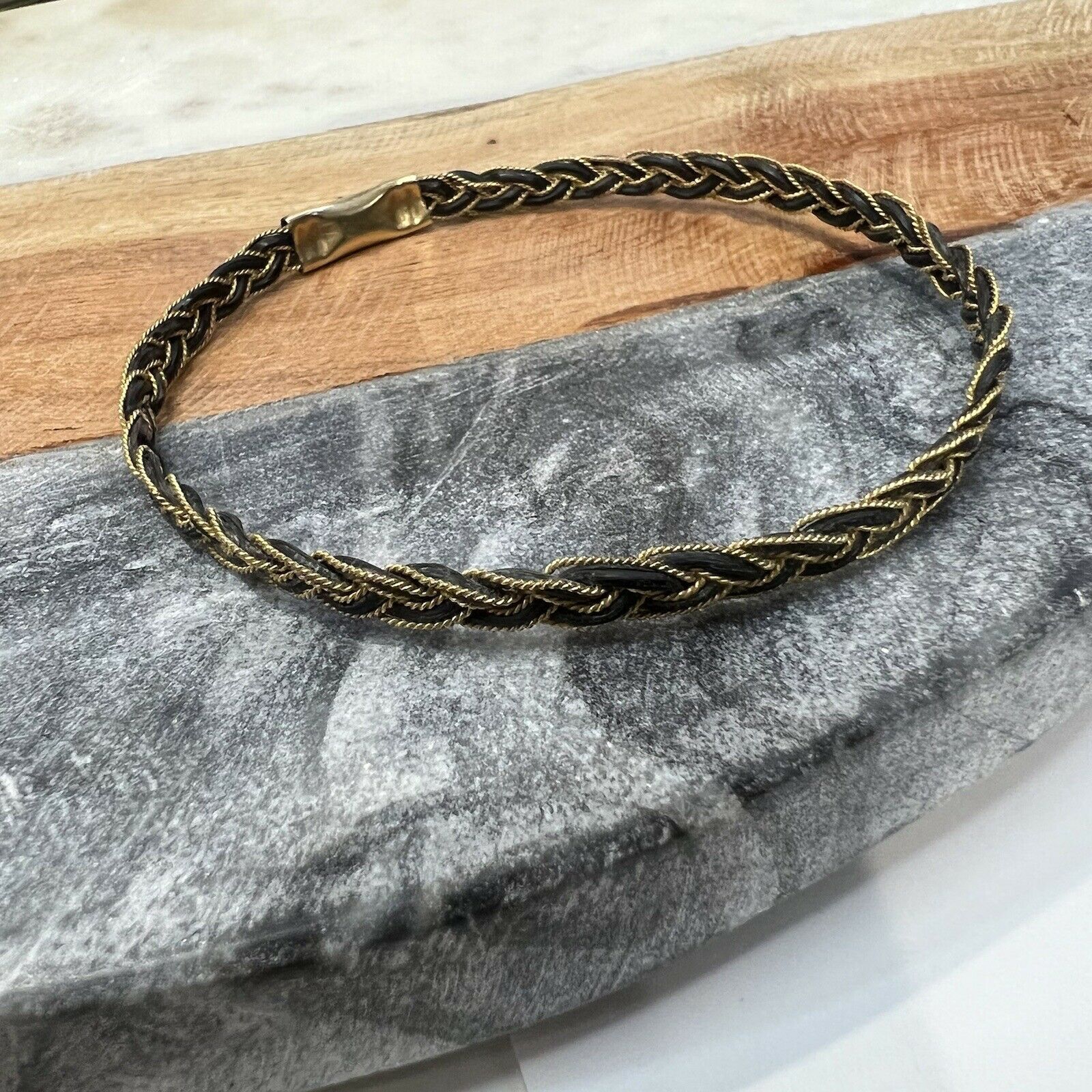 Solid 10K Yellow Gold and Hair Antique Bangle Slip-on Bracelet 7.8"