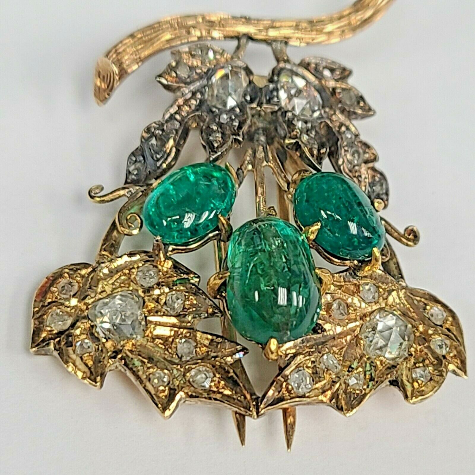 14K Yellow Gold Emerald & Diamond Broach Pin 1.6"