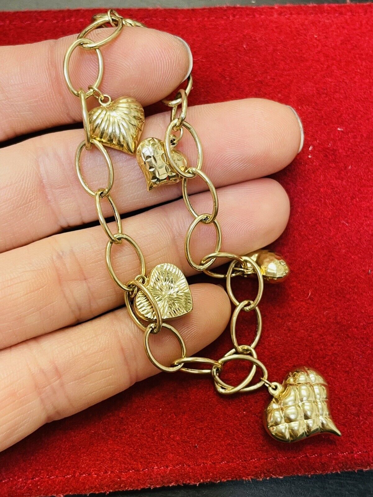 Cute Vintage Puffy Heart 6 Charm Rolo Link 14K Yellow Gold Bracelet
