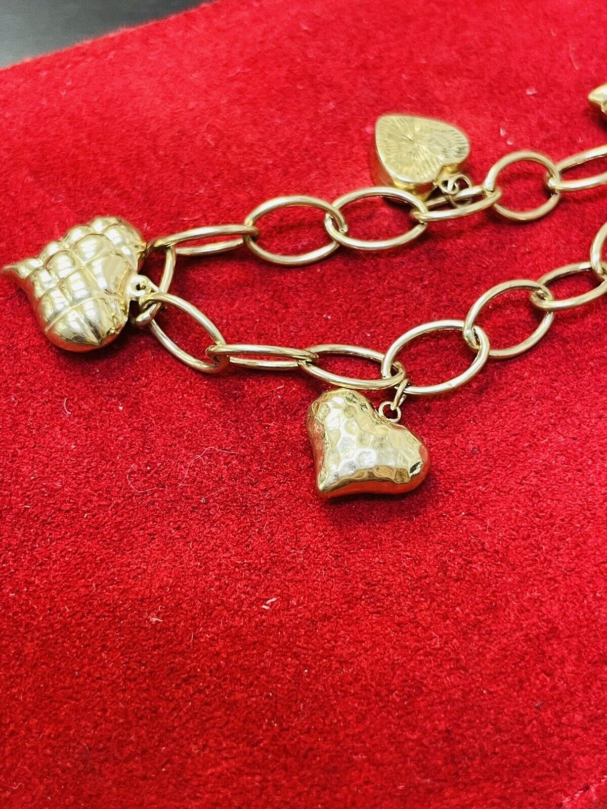 Cute Vintage Puffy Heart 6 Charm Rolo Link 14K Yellow Gold Bracelet