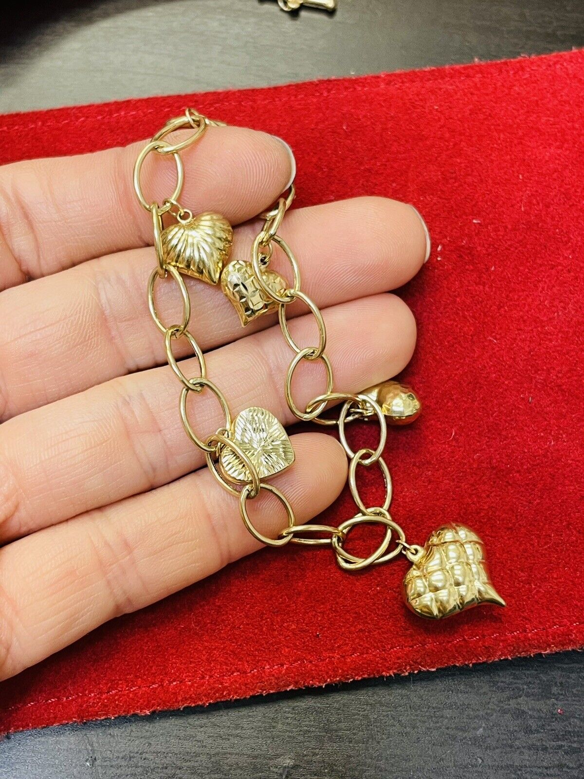 Cute Vintage Puffy Heart 6 Charm Rolo Link 14K Yellow Gold Bracelet