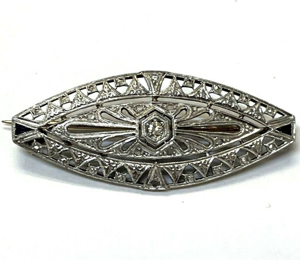 Art Deco Diamond 18K Yellow Gold and Platinum Antique Navette Shaped Pin Brooch