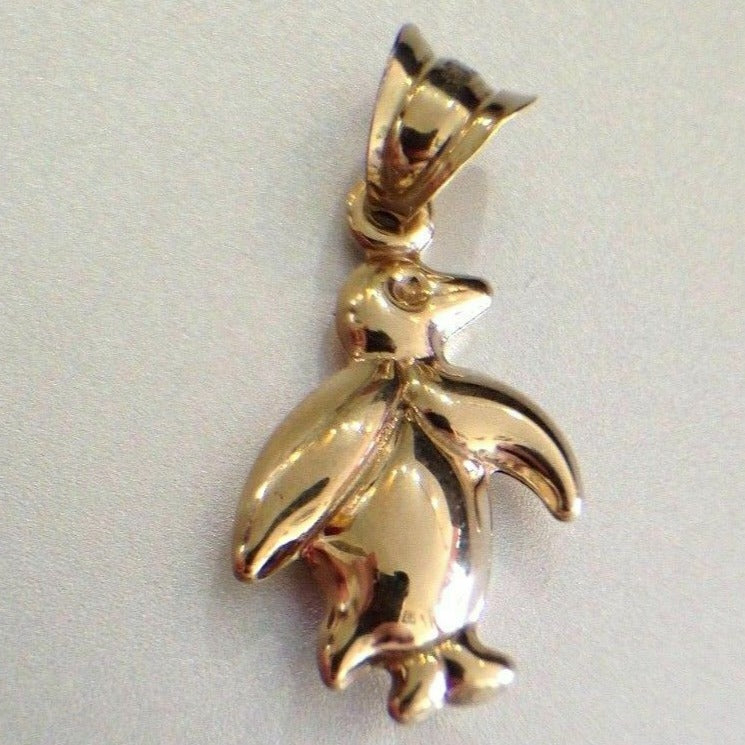 10K Yellow Gold Puffy Penguin Pendant Charm for Necklace