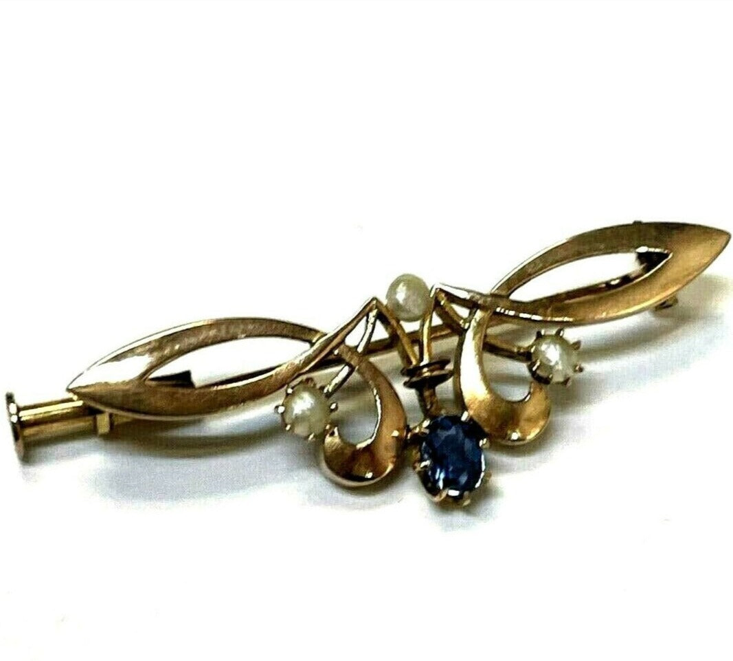 18K Rose Gold Art Nouveau Natural Sapphire and Pearl Brooch Pin