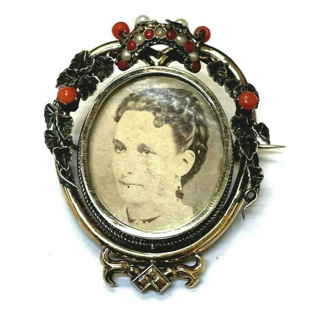 Victorian Solid Yellow Gold Reliquary Memorial Picture Frame Pin Brooch