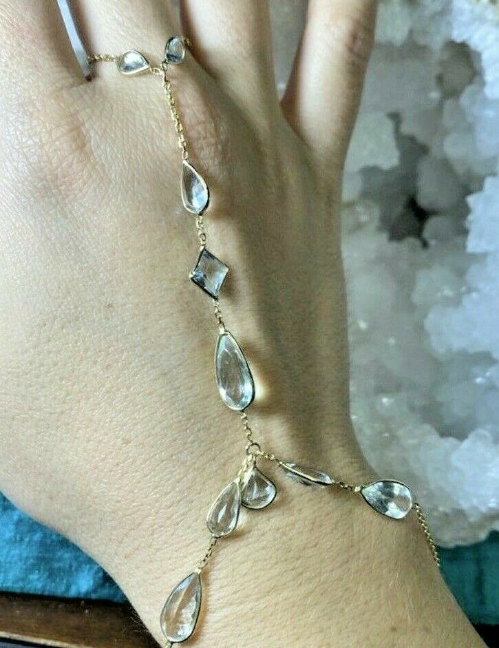 Natural Aquamarine Solid 14K Yellow Gold HandChain Bracelet 7.5"